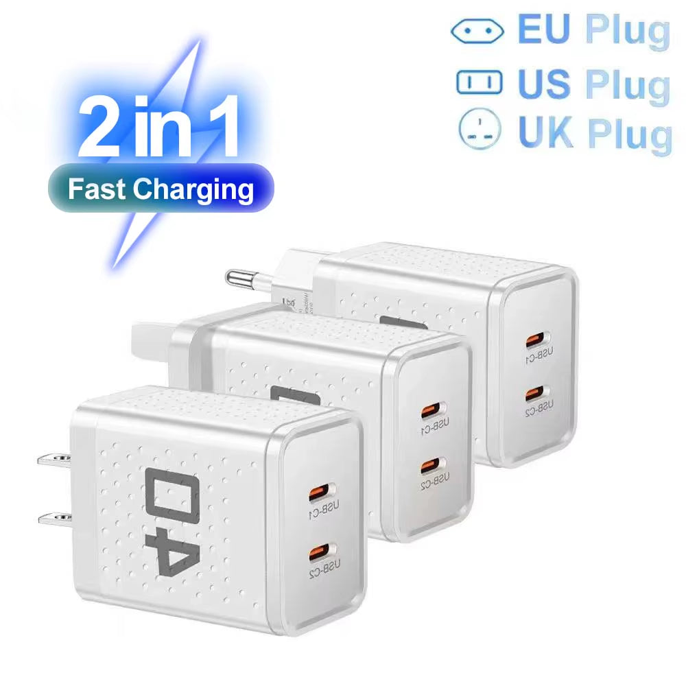 20W Dual PD USB-C Fast Charger with 2 Ports for Xiaomi 12, iPhone 13/14 Pro, and Realme QC3.0 Compatibility