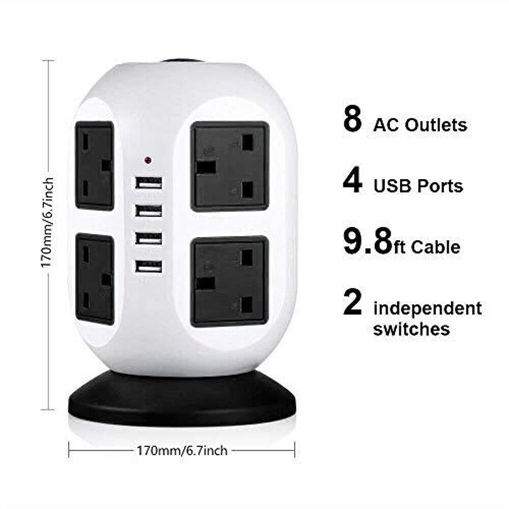 8-Outlet Surge Protected Tower Power Strip with 4 USB Ports and UK Mains Plug