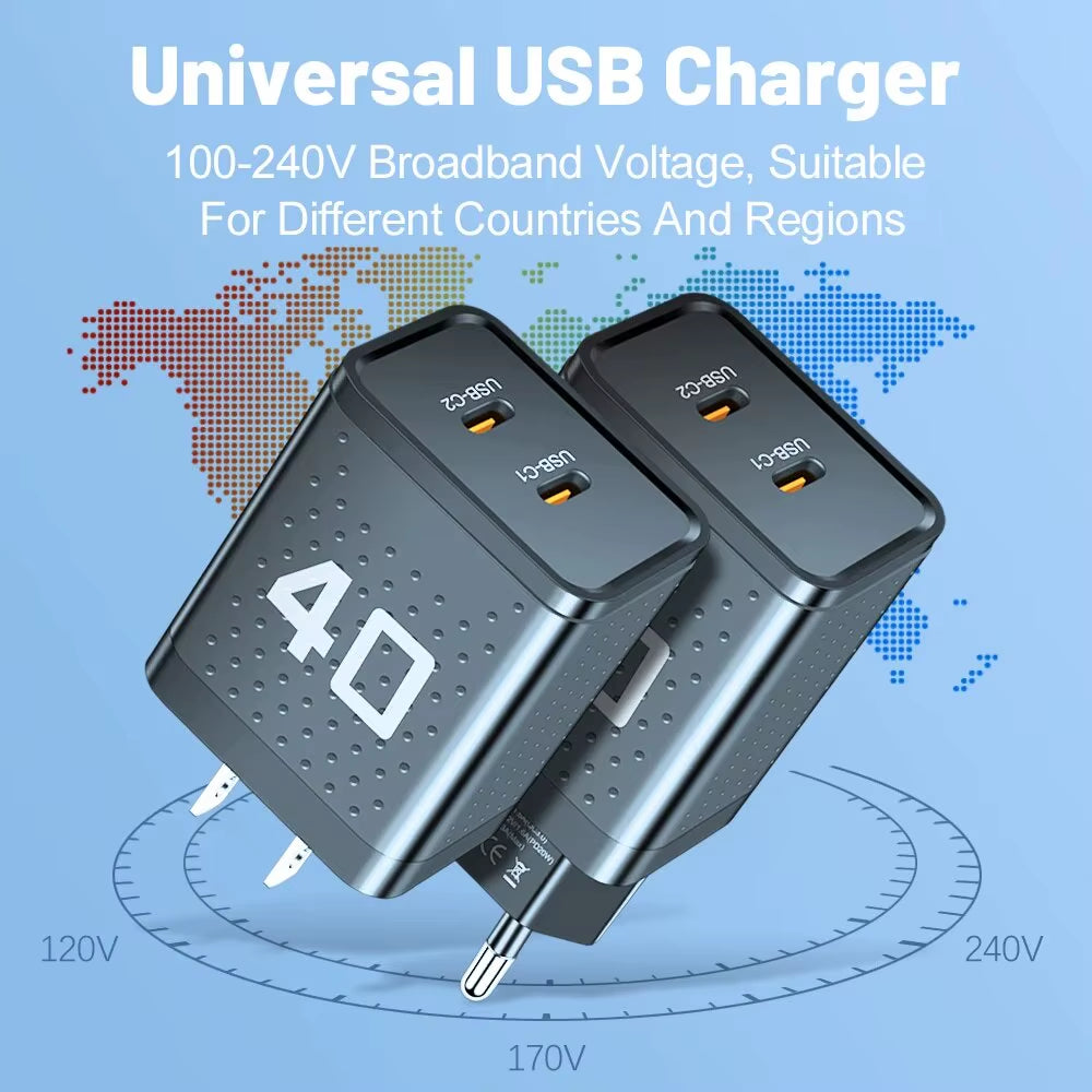 20W Dual PD USB-C Fast Charger with 2 Ports for Xiaomi 12, iPhone 13/14 Pro, and Realme QC3.0 Compatibility