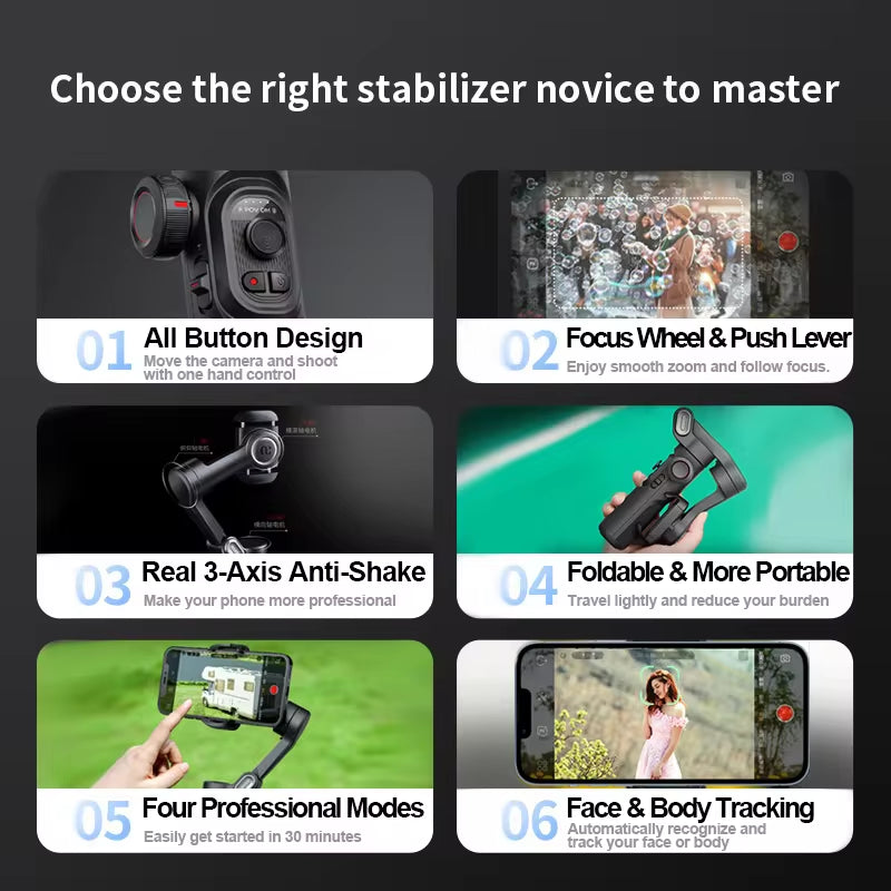 3-Axis Handheld Gimbal Stabilizer for Smartphones with Integrated Fill Light and Face Tracking for Vlogging - Compatible with iPhone and Android