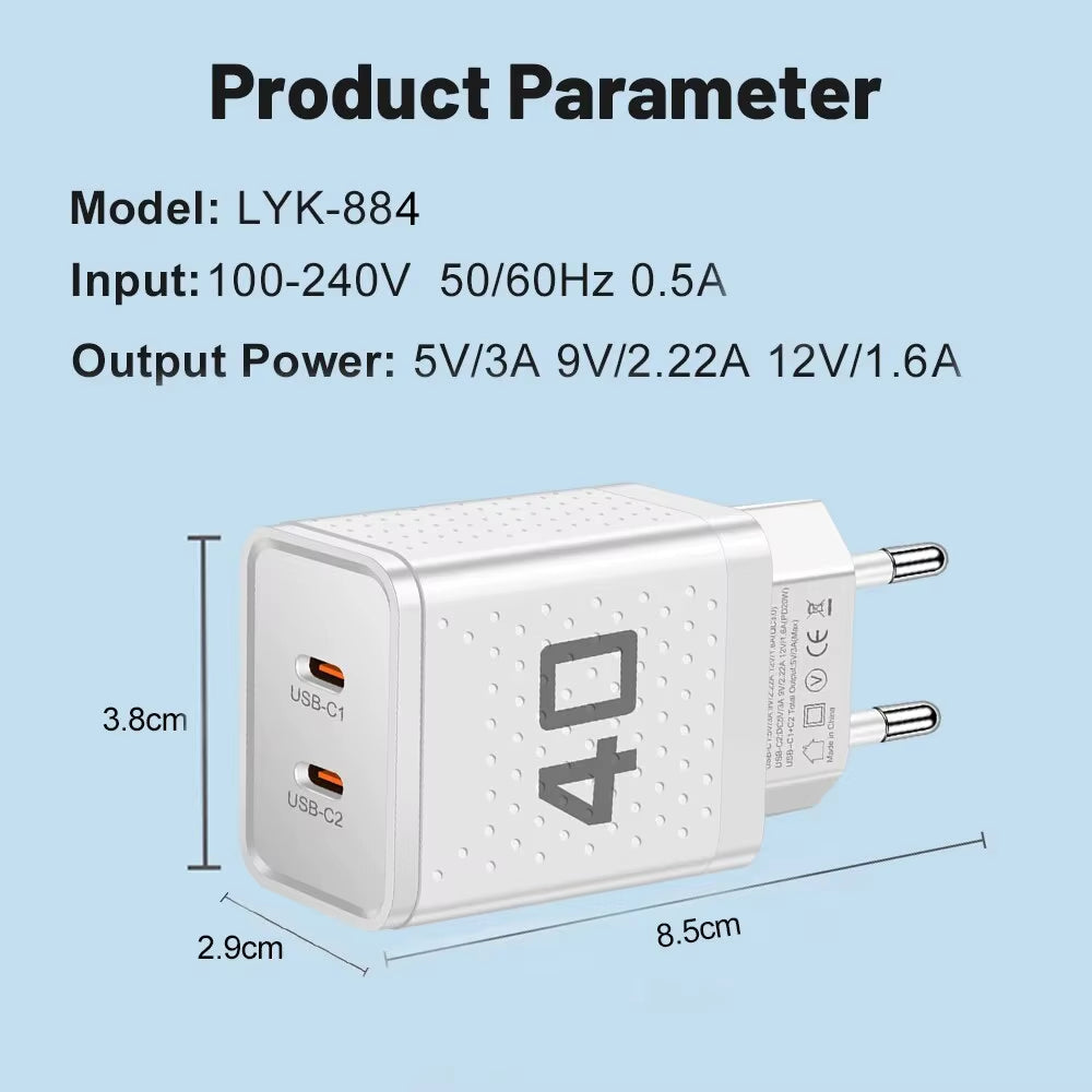 20W Dual PD USB-C Fast Charger with 2 Ports for Xiaomi 12, iPhone 13/14 Pro, and Realme QC3.0 Compatibility