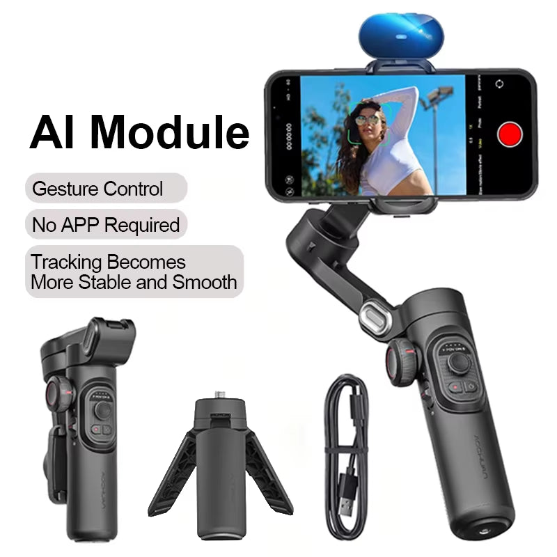 3-Axis Handheld Gimbal Stabilizer for Smartphones with Integrated Fill Light and Face Tracking for Vlogging - Compatible with iPhone and Android