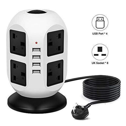 8-Outlet Surge Protected Tower Power Strip with 4 USB Ports and UK Mains Plug