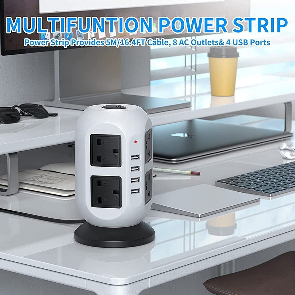 8-Outlet Surge Protected Tower Power Strip with 4 USB Ports and UK Mains Plug