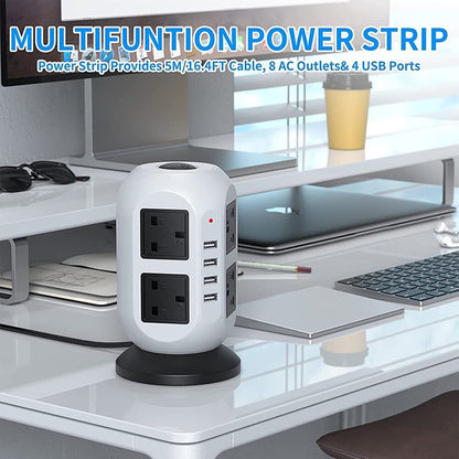 8-Outlet Surge Protected Tower Power Strip with 4 USB Ports and UK Mains Plug