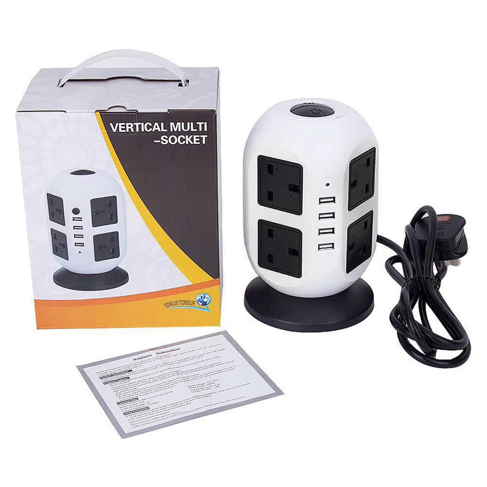 8-Outlet Surge Protected Tower Power Strip with 4 USB Ports and UK Mains Plug