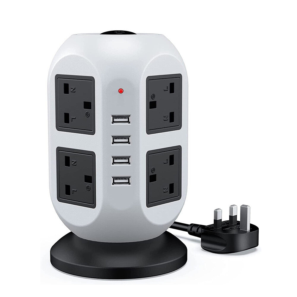 8-Outlet Surge Protected Tower Power Strip with 4 USB Ports and UK Mains Plug