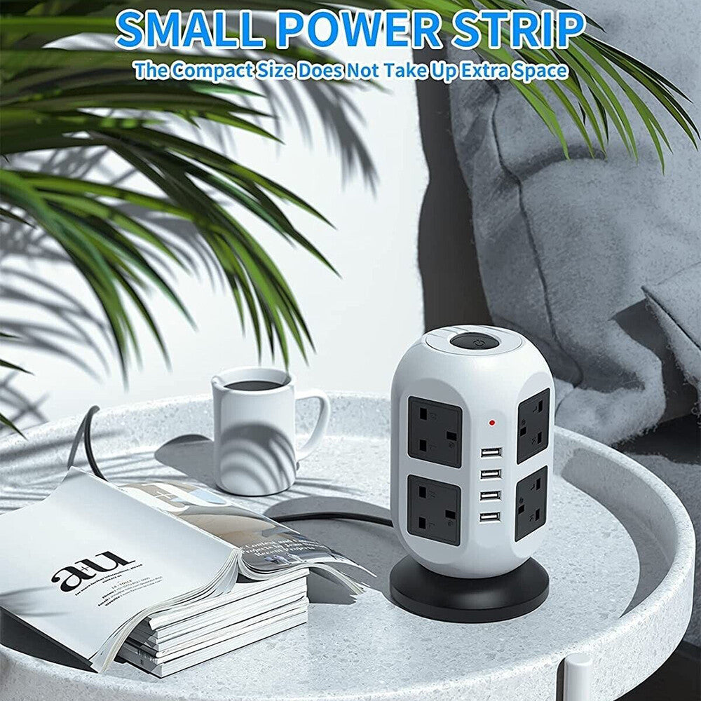 8-Outlet Surge Protected Tower Power Strip with 4 USB Ports and UK Mains Plug