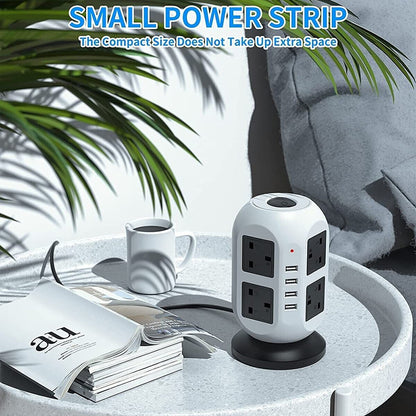 8-Outlet Surge Protected Tower Power Strip with 4 USB Ports and UK Mains Plug