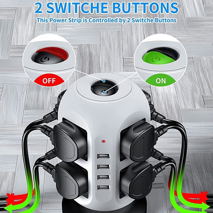 8-Outlet Surge Protected Tower Power Strip with 4 USB Ports and UK Mains Plug