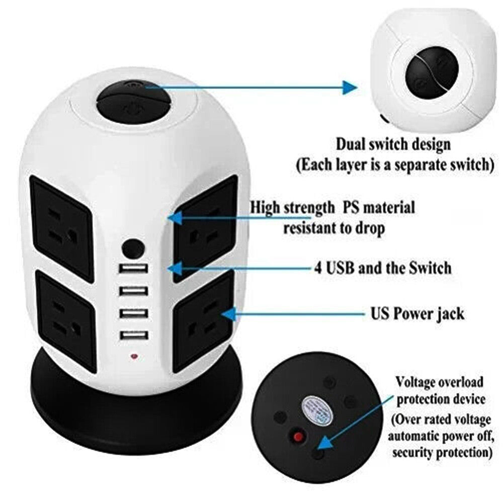 8-Outlet Surge Protected Tower Power Strip with 4 USB Ports and UK Mains Plug