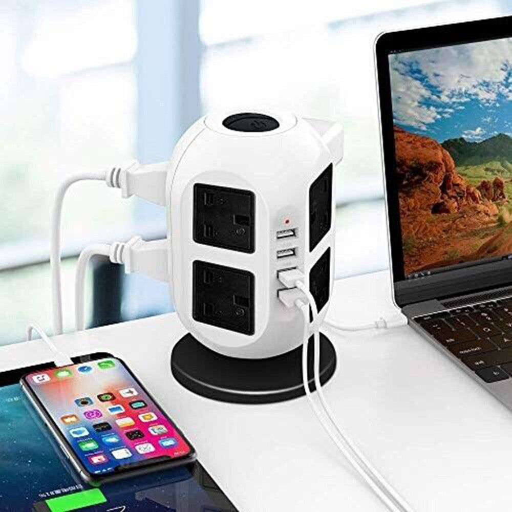 8-Outlet Surge Protected Tower Power Strip with 4 USB Ports and UK Mains Plug