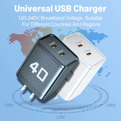 20W Dual PD USB-C Fast Charger with 2 Ports for Xiaomi 12, iPhone 13/14 Pro, and Realme QC3.0 Compatibility